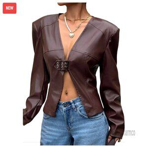 PU Leather Jacket with Belt, V Neck Long Sleeve Outerwear